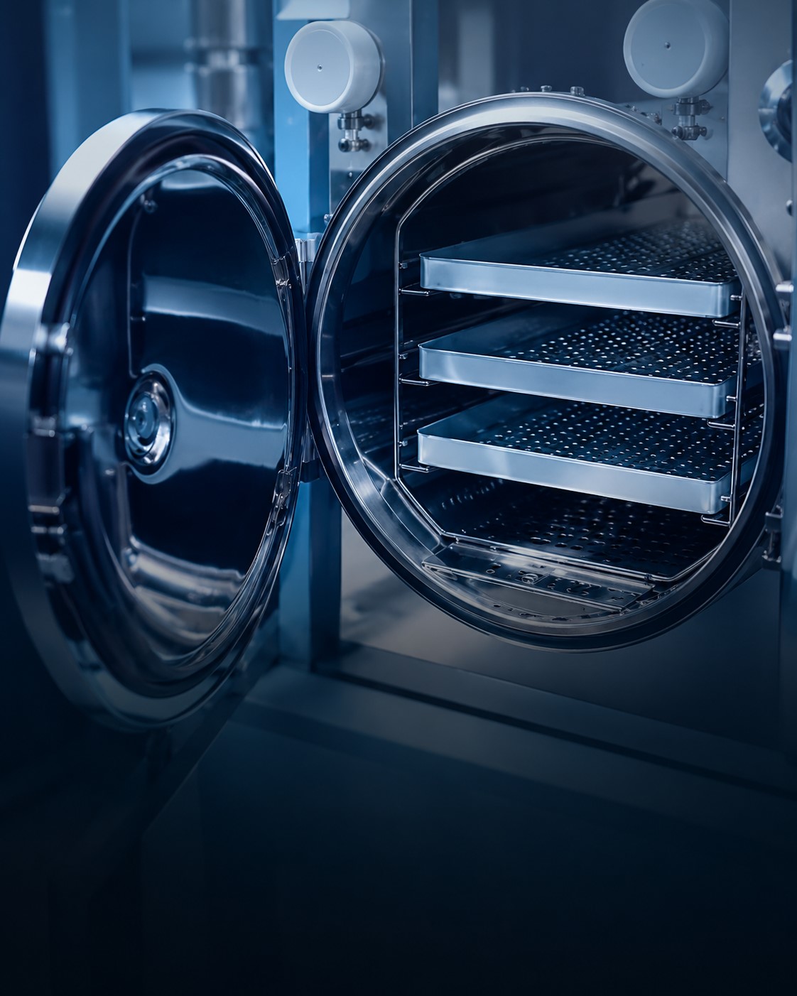 Steam steriliser with open chamber and sterilisation trays, representative application environment for PPSU medical components